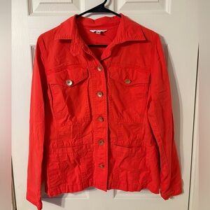 CAbi 727 Coral Taylor Utility Jacket with Ruffle Detail in Back